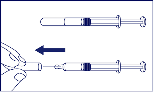 Siringa con ago che viene spinta in un dito da una mano, freccia blu indica la direzione dell