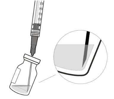 Siringa che preleva farmaco da un flaconcino e ingrandimento dell