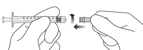 Mani che preparano una siringa preriempita collegando un ago protettivo con frecce direzionali che indicano il movimento