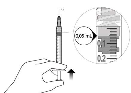 Mano che tiene una siringa preriempita con 0,05 mL di farmaco, dettaglio dell’ago e scala graduata per l’aspirazione del volume corretto