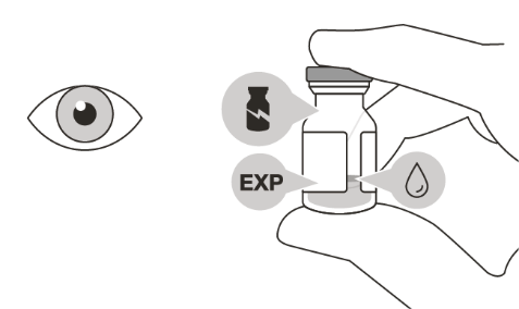 Mano che tiene un flaconcino medicinale con ago e goccia, vicino a un occhio che osserva la data di scadenza indicata con
