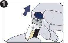 Siringa pre-riempita con ago inserito in un tappo di gomma blu su un flacone medicinale trasparente