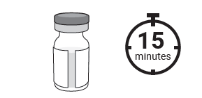 Fiala di medicinale con tappo grigio accanto a un orologio che indica 15 minuti con la scritta minutes