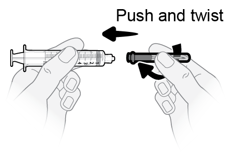 Mani che tengono una siringa e un adattatore nero con frecce che indicano la rotazione per il collegamento