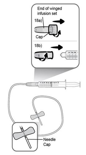 Set di infusione alare con cappuccio, ago e tubo trasparente collegato a una siringa con scala graduata e a un dispositivo di fissaggio
