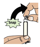 Mano che fissa un dispositivo a una fiala, freccia nera indica movimento di scatto e scritta