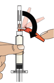 Mano che tiene una siringa preriempita mentre un ago rosso viene avvitato all