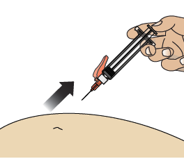 Mano che tiene una siringa con ago che penetra nella pelle, freccia nera indica la direzione dell