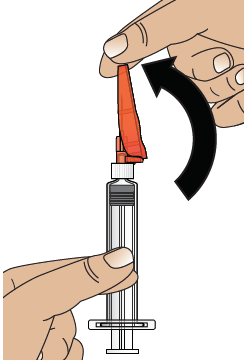 Mano che tiene una siringa con ago rosso, fiala trasparente in basso e freccia nera che indica il movimento di inserimento