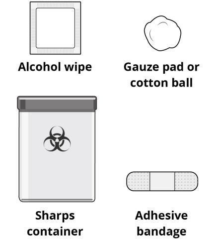Salvietta imbevuta di alcol, batuffolo di cotone, contenitore per oggetti taglienti con simbolo biohazard e cerotto adesivo rettangolare