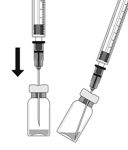 Siringa con ago che preleva farmaco da flaconcino e flaconcino vuoto con ago inserito freccia nera indica direzione