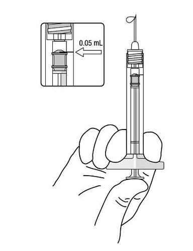 Siringa pre-riempita con ago, tenuta in mano, con dettaglio ingrandito del meccanismo di dosaggio a 0,05 mL