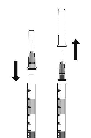 Siringhe con ago collegato e separato, frecce indicano direzione di connessione e distacco dei componenti
