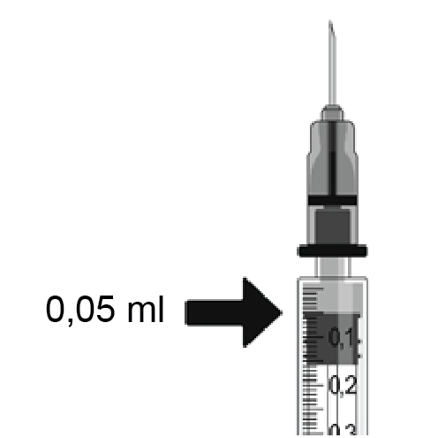 Siringa con ago rivolto verso il basso e indicazione del volume 0,05 ml con freccia direzionale e scala graduata visibile