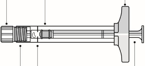 Siringa preriempita con stantuffo grigio, ago trasparente e indicatori neri lungo il corpo cilindrico