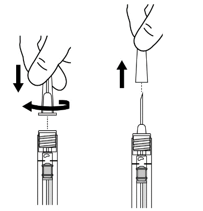 Mano che ruota e spinge un dispositivo penna con ago collegato per l