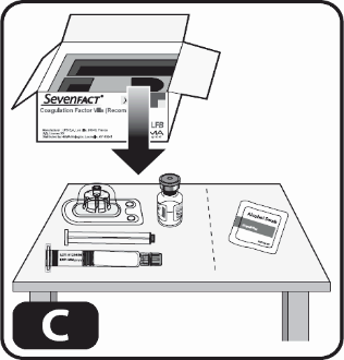 Scatola di Sevenfact, fiala, siringa pre-riempita, tampone alcolico e dispositivo di trasferimento su superficie bianca