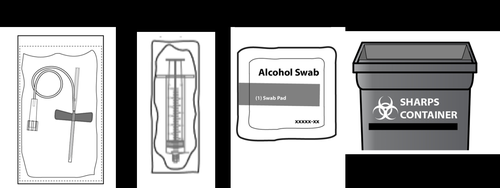 Confezioni sigillate con penna da insulina, ago, tampone imbevuto di alcol e contenitore per oggetti taglienti nero