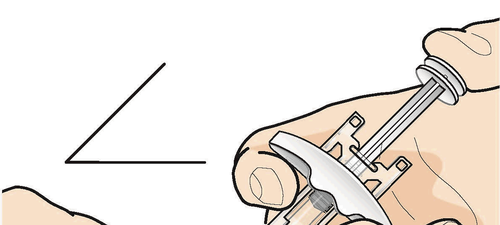 Mano che tiene una siringa preriempita con ago inserito nella pelle, evidenziata una linea obliqua che indica l