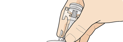 Mano che tiene un dispositivo autoiniettante con ago esposto pronto per l