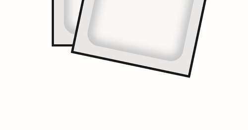 Due bustine farmaceutiche bianche con bordi neri sovrapposte su sfondo bianco