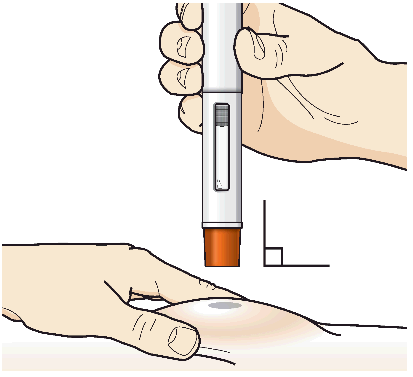 Mano che tiene un dispositivo per iniezione con ago che perfora la pelle, evidenziando il punto di iniezione e la zona sottocutanea