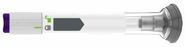 Dispositivo medico cilindrico bianco e grigio con estremità viola e verde, pulsante nero e finestra di visualizzazione