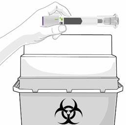 Mano che getta una penna da insulina usata in un contenitore per rifiuti speciali con simbolo di rischio biologico