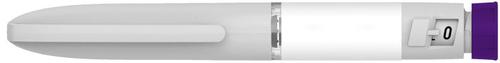 Penna a iniezione preriempita bianca con pulsante di rilascio nero e sezione viola terminale