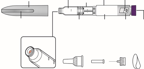 Siringa preriempita con stantuffo visibile, ago protetto da cappuccio, componenti smontati e dettaglio dell