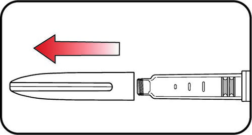 Siringa preriempita con ago protetto da cappuccio scorrevole e freccia rossa che indica la direzione di rimozione del cappuccio