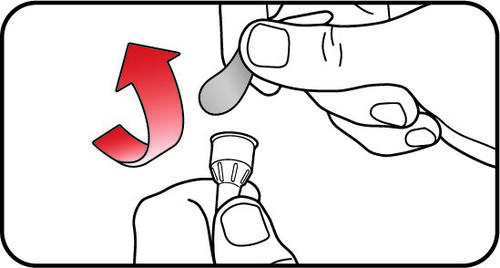 Mano che inserisce un ago smussato in un tappo di gomma su un flaconcino, con una freccia rossa che indica la direzione