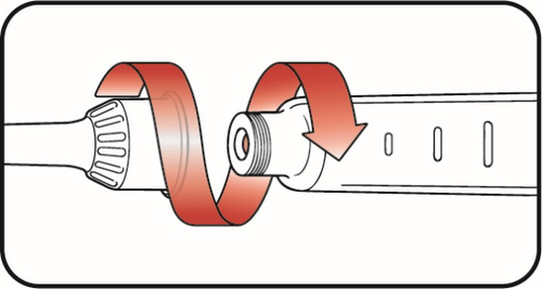 Penna iniettabile con cappuccio protettivo rosso che viene rimosso con freccia direzionale indicata