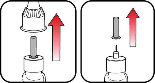 Fiala con stantuffo e ago, freccia rossa indica l