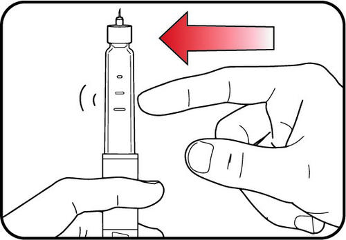 Mano che tiene una fiala trasparente con ago e stantuffo, freccia rossa indica la direzione di pressione