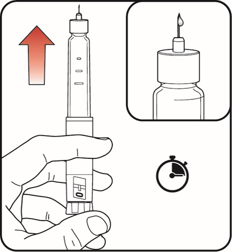Mano che tiene una siringa pre-riempita con un farmaco, freccia rossa indica la direzione e orologio suggerisce un tempo di attesa
