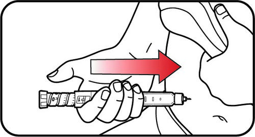 Mano che tiene un autoiniettore con ago inserito nella pelle, freccia rossa indica la direzione di iniezione