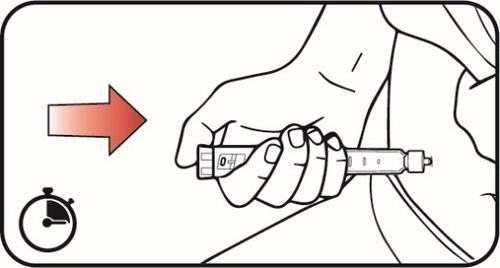 Mano che tiene una penna per iniezione con ago inserito nella pelle, freccia rossa indica la direzione e orologio indica il tempo