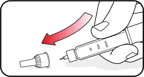 Mano che tiene una penna per iniezione con ago avvitato e freccia rossa che indica il movimento di inserimento