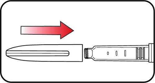 Siringa preriempita con stantuffo retratto e ago protetto da cappuccio scorrevole freccia rossa indica direzione