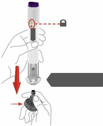 Penna per iniezione con ago protetto da cappuccio, frecce rosse indicano l