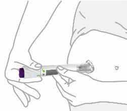Mano che tiene un dispositivo per iniezione sottocutanea con ago inserito nella pelle dell
