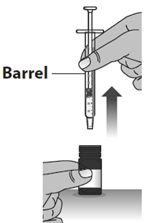 Siringa con ago che aspira il farmaco da un flaconcino nero tenuto da una mano, freccia indica direzione di aspirazione