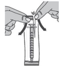 Mani che fissano un dispositivo di connessione a una fiala, con frecce che indicano la direzione di inserimento e rotazione