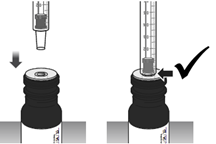 Fiala con tappo nero e stantuffo trasparente, freccia che indica la pressione sul tappo e spunta verde di conferma