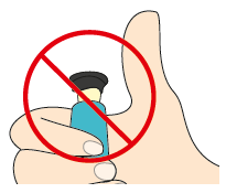 Mano che tiene una fiala blu con tappo nero barrata da un cerchio rosso simbolo di divieto