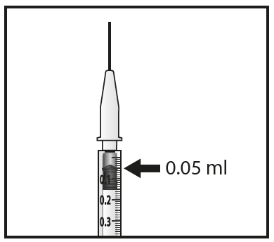 Siringa graduata con ago, indicazione del volume 0.05 ml e freccia che mostra la lettura sulla scala graduata
