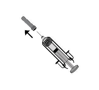 Siringa con ago collegato e freccia nera che indica la direzione di inserimento o estrazione