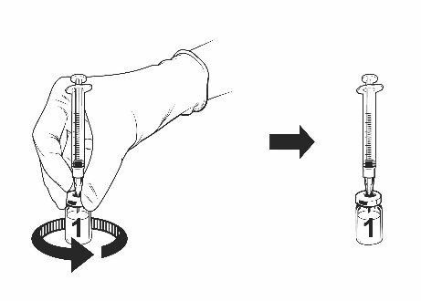 Mano con guanto che ruota un flaconcino numerato 1 mentre aspira il liquido con una siringa, freccia indica siringa pronta all