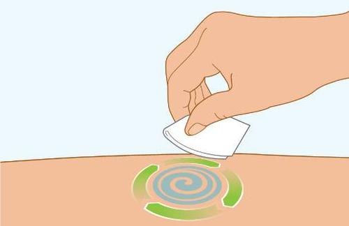 Mano che applica un cerotto adesivo su una zona della pelle con movimenti circolari verdi e blu